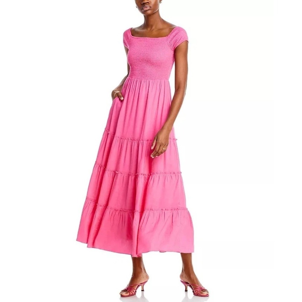 Lucy Paris Smocked Tiered Midi Dress In Pink Size Large